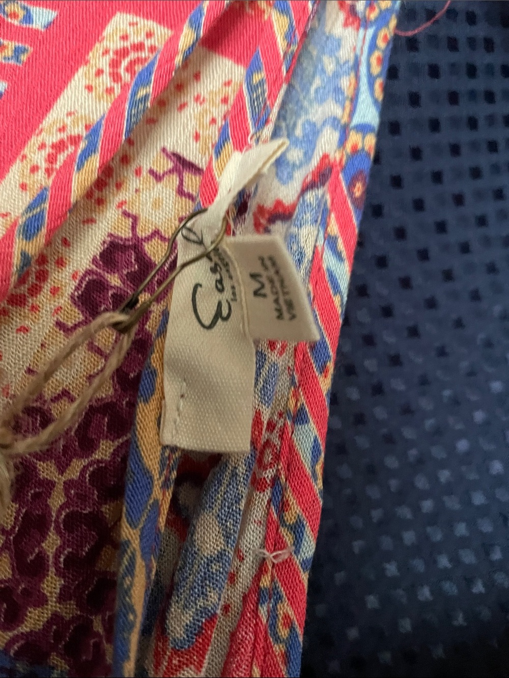 Patchwork Print Long-Sleeve V-Neck Dress in Red & Blue - Picture 3 of 15